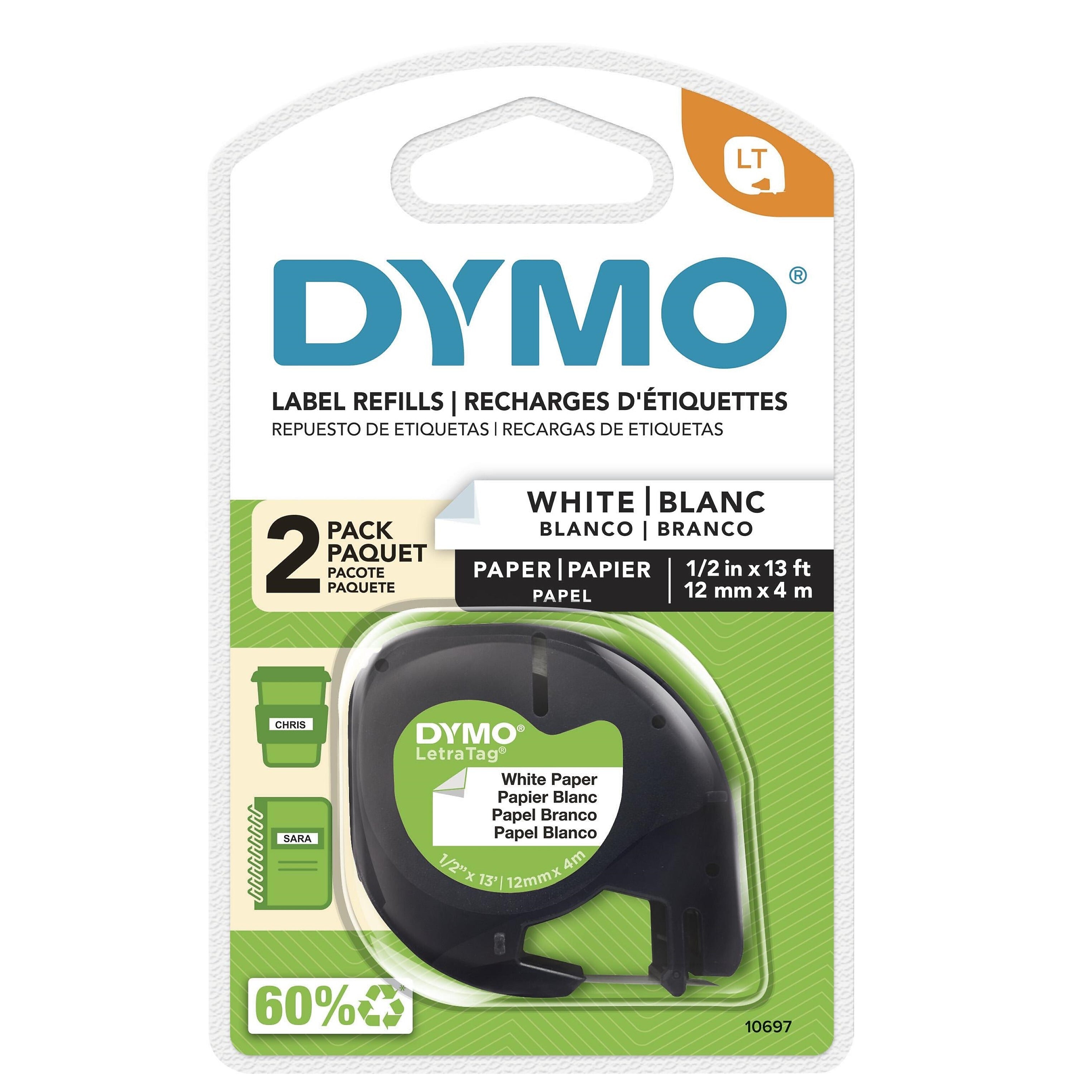 DYMO LetraTag 10697 Paper Label Maker Tape, 1/2" x 13', Black on White, 2/Pack (10697)