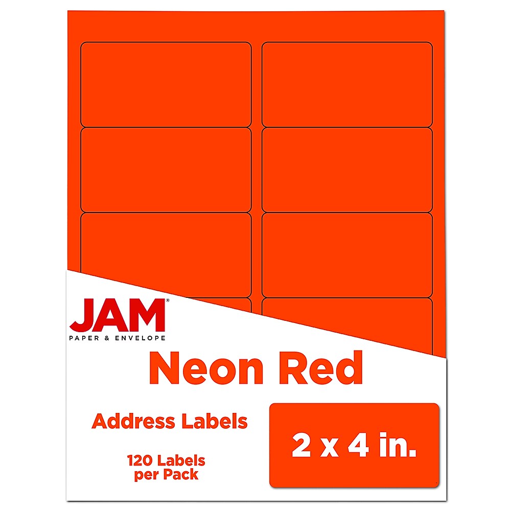 JAM Paper Laser/Inkjet Shipping Labels, 2" x 4", Neon Red, 10 Labels/Sheet, 12 Sheets/Pack (354328034)