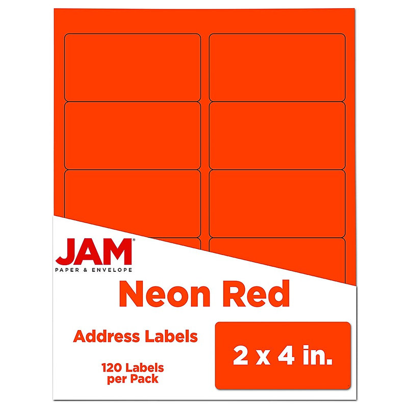 JAM Paper Laser/Inkjet Shipping Labels, 2" x 4", Neon Red, 10 Labels/Sheet, 12 Sheets/Pack (354328034)
