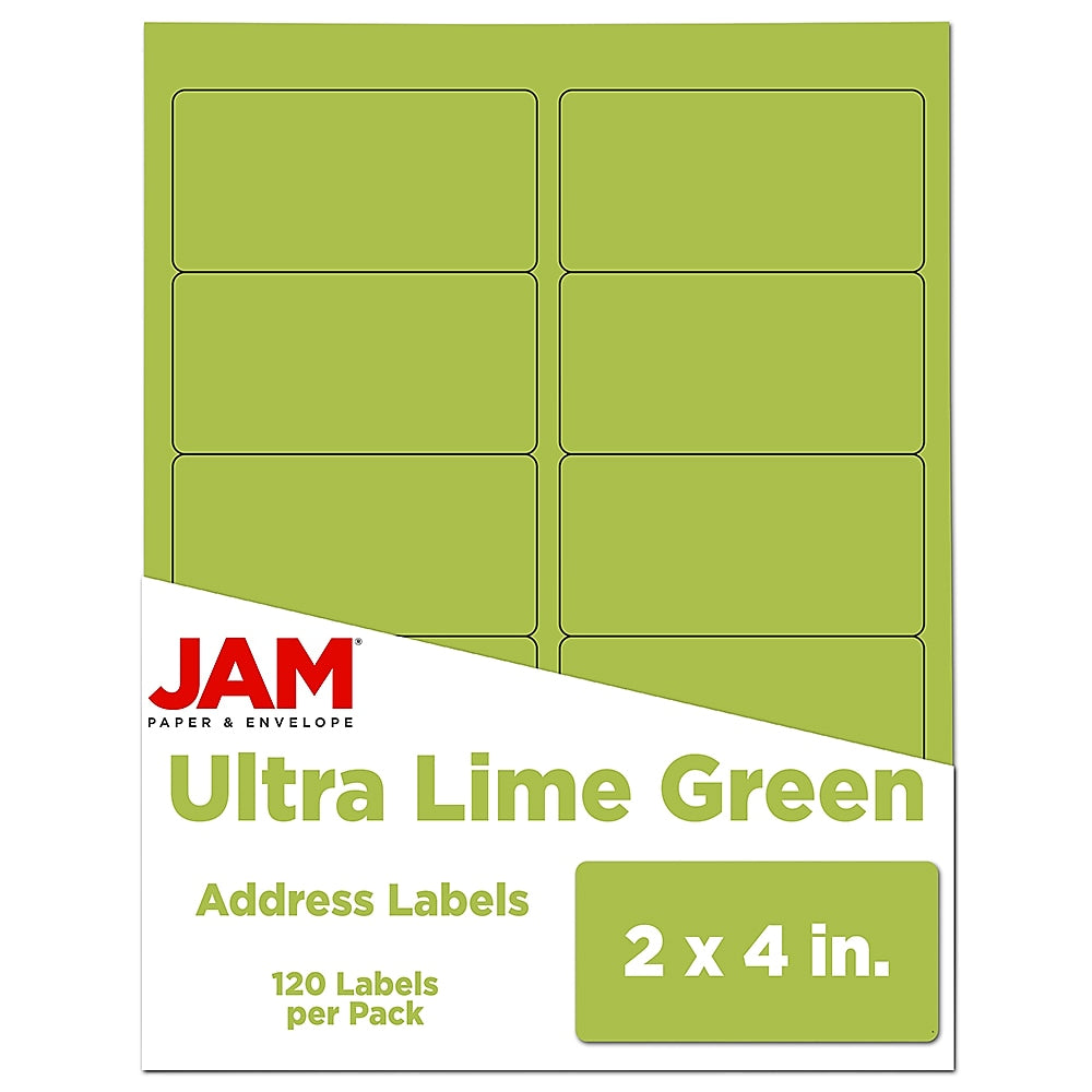 JAM Paper Laser/Inkjet Shipping Address Labels, 2" x 4", Ultra Lime Green, 10 Labels/Sheet, 12 Sheets/Pack (302724405)