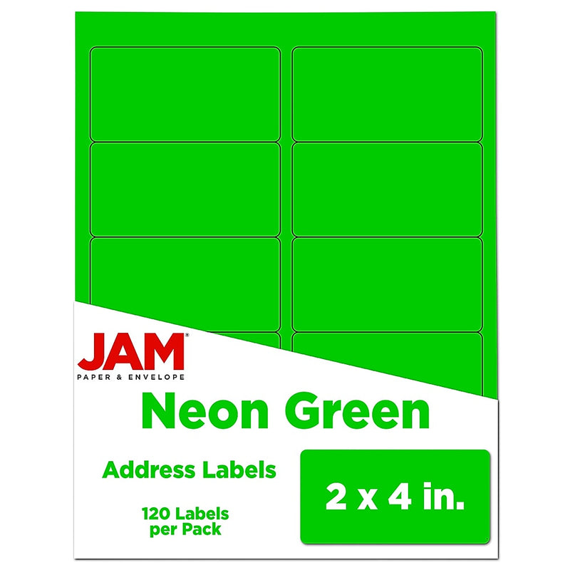 JAM Paper Laser/Inkjet Shipping Labels, 2" x 4", Neon Green, 10 Labels/Sheet, 12 Sheets/Pack (354328017)