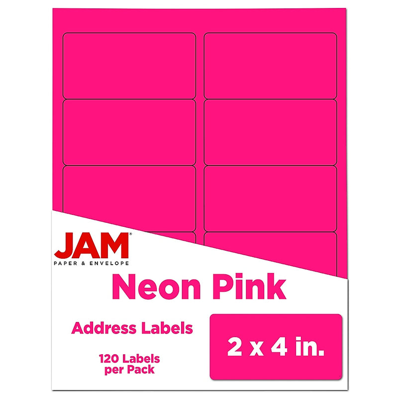 JAM Paper Laser/Inkjet Shipping Labels, 2" x 4", Neon Pink, 10 Labels/Sheet, 12 Sheets/Pack (354328023)