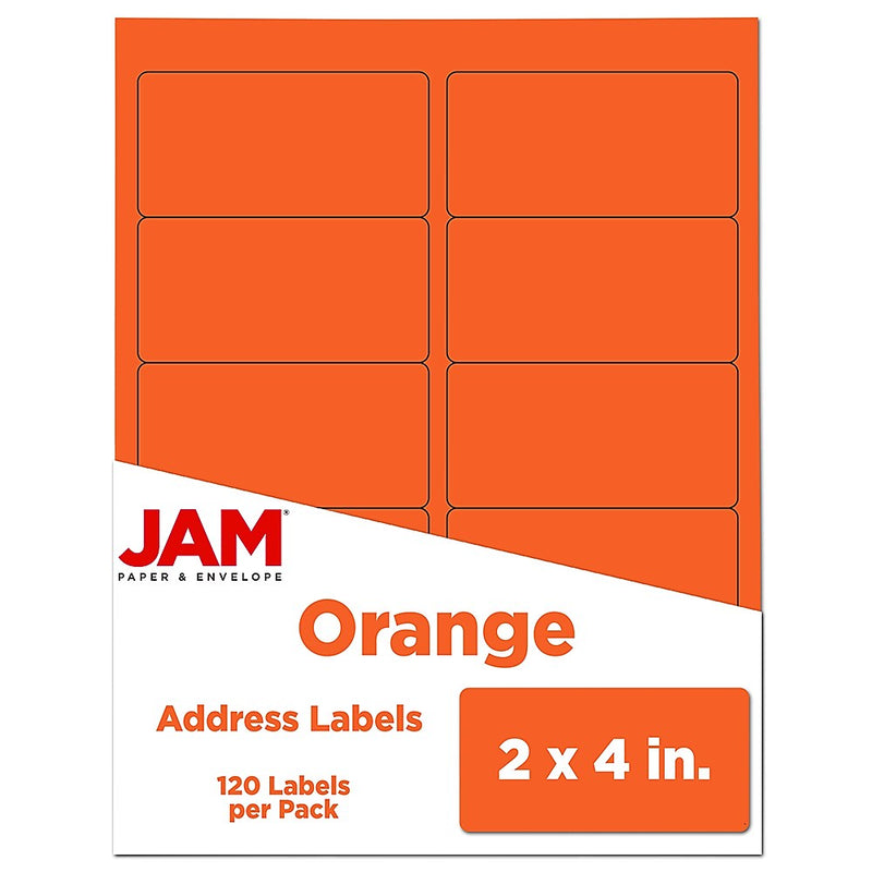 JAM Paper Laser/Inkjet Shipping Address Labels, 2" x 4", Orange, 10 Labels/Sheet, 12 Sheets/Pack (302725784)