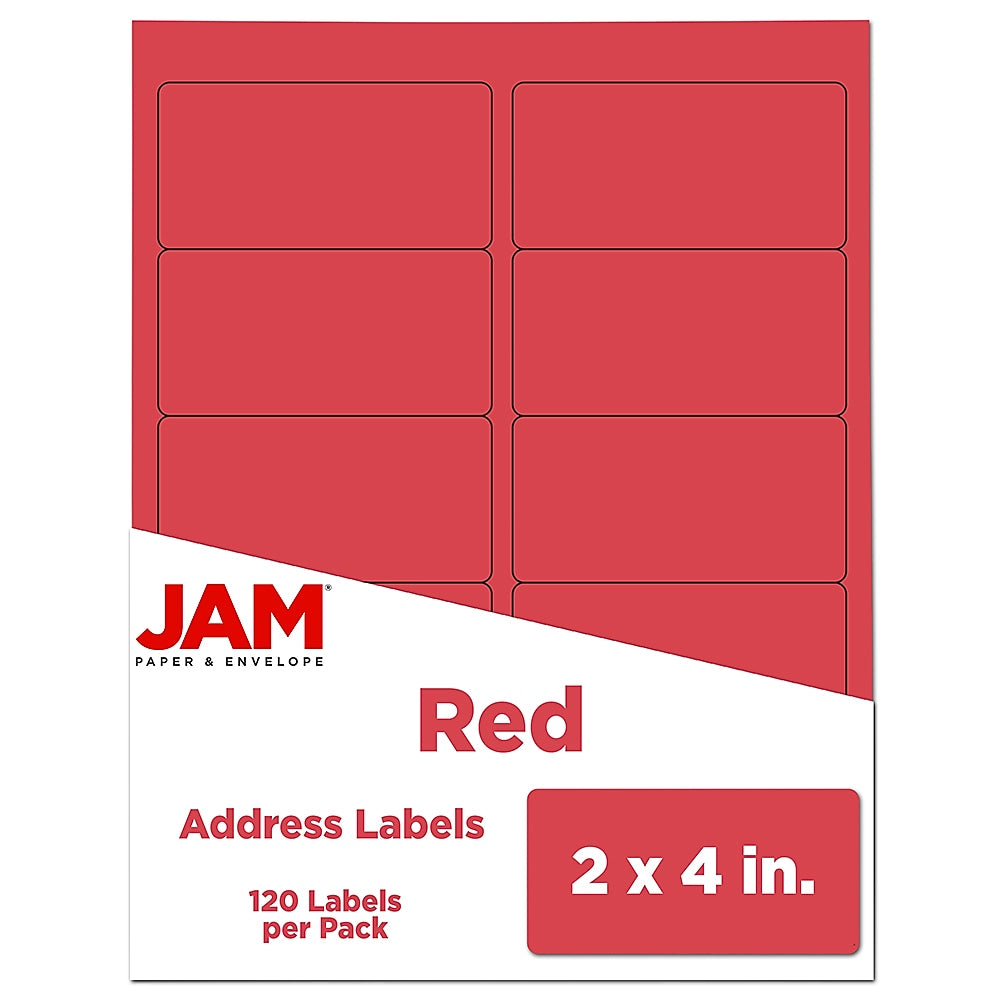 JAM Paper Shipping Labels, 2" x 4", Red, 10 Labels/Sheet, 12 Sheets/Pack (4514940)