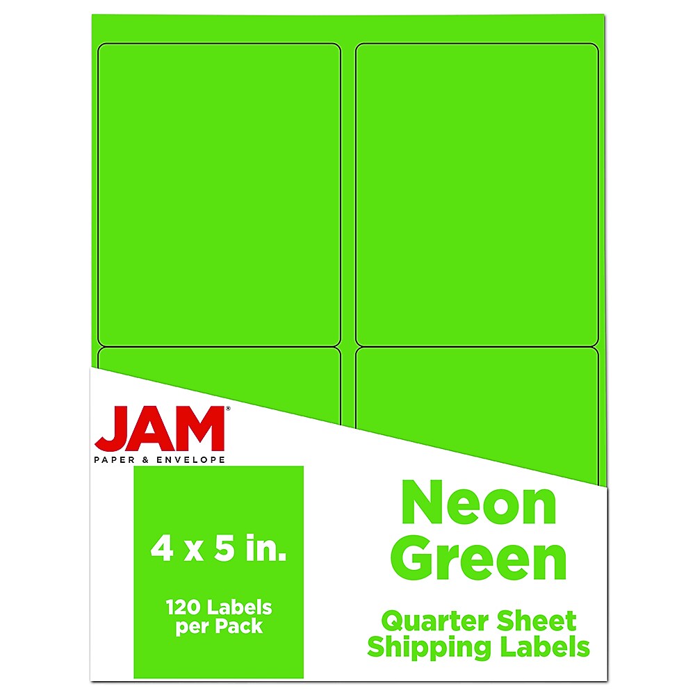 JAM Paper Shipping Labels, 4" x 5", Neon Green, 4 Labels/Sheet, 30 Sheets/Pack (354329156)