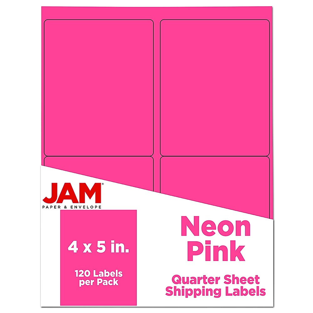 JAM Paper Laser/Inkjet Shipping  Labels, 4" x 5", Neon Pink, 4 Labels/Sheet, 30 Sheets/Pack (354329165)