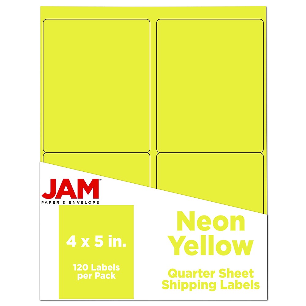 JAM Paper Laser/Inkjet Shipping Labels, 4" x 5", Neon Yellow, 4 Labels/Sheet, 30 Sheets/Pack (354329153)