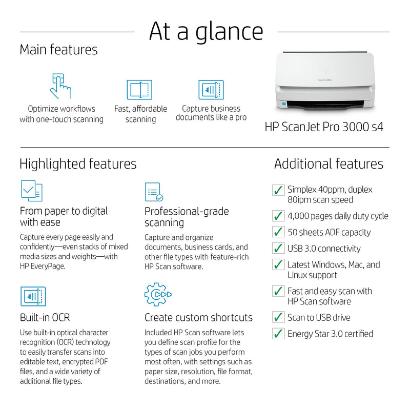 HP Scanjet Pro 3000 s4 Duplex Desktop Document Scanner, White (6FW07A#BGJ)