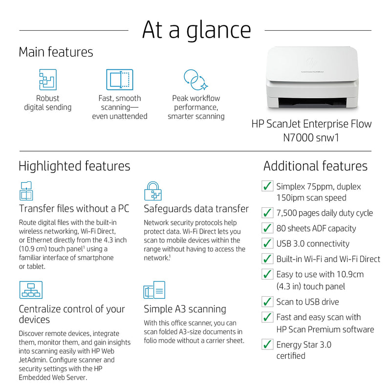 HP ScanJet Enterprise Flow N7000 Snw1 Duplex Desktop Document Scanner, White (6FW10A#BGJ)