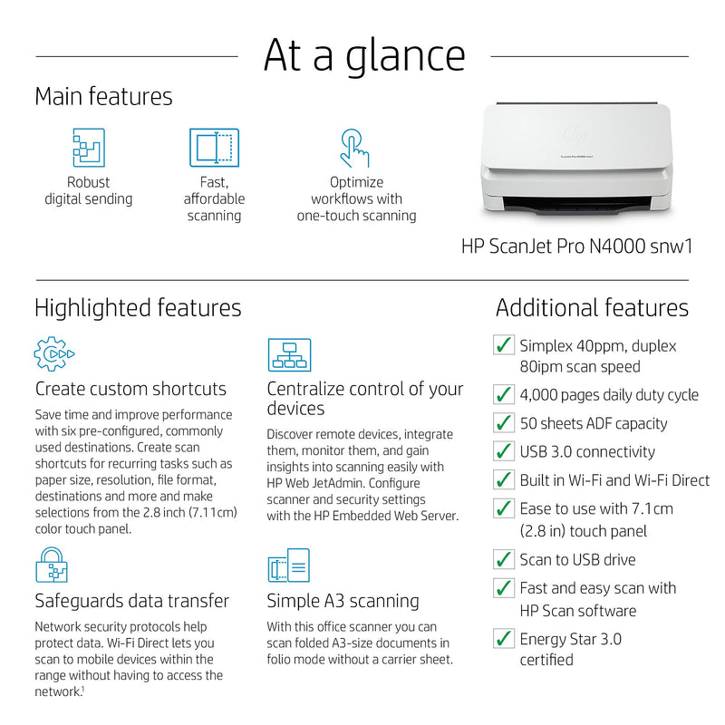 HP Scanjet Pro N4000 Snw1 Duplex Desktop Document Scanner, White (6FW08A#BGJ)