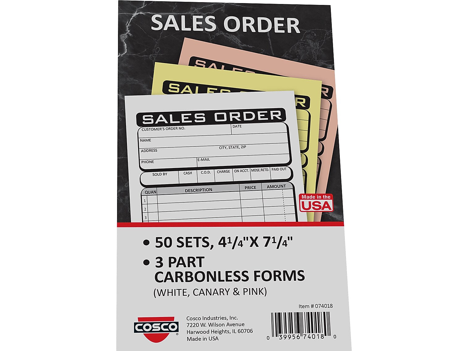 Cosco Business 3-Part Carbonless Sales Orders, 4.25" x 7.25", 50 Sets/Book (074018)