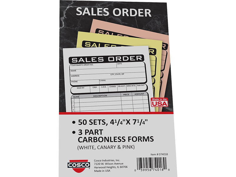 Cosco Business 3-Part Carbonless Sales Orders, 4.25" x 7.25", 50 Sets/Book (074018)