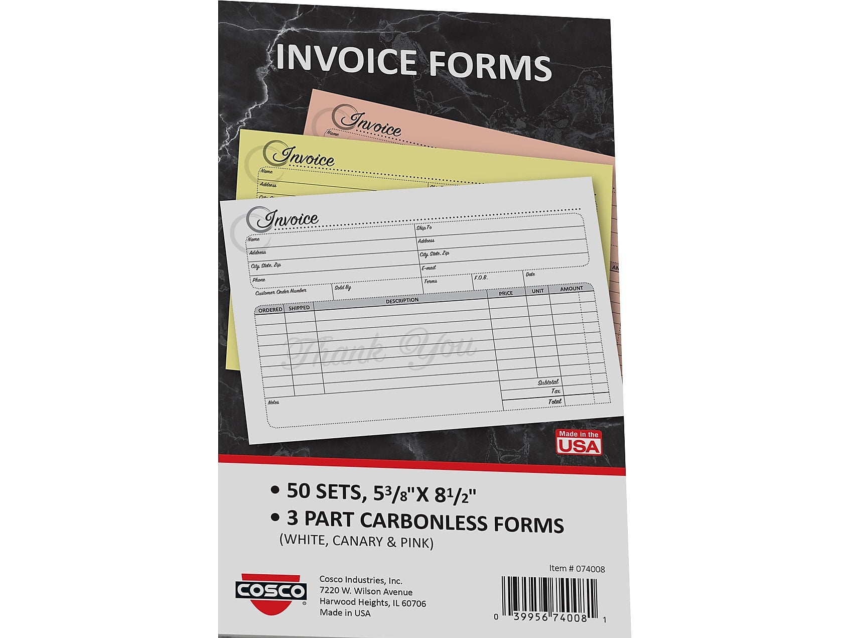 Cosco Artistic 3-Part Carbonless Invoices, 5.4" x 8.5", 50 Sets/Book (074008)