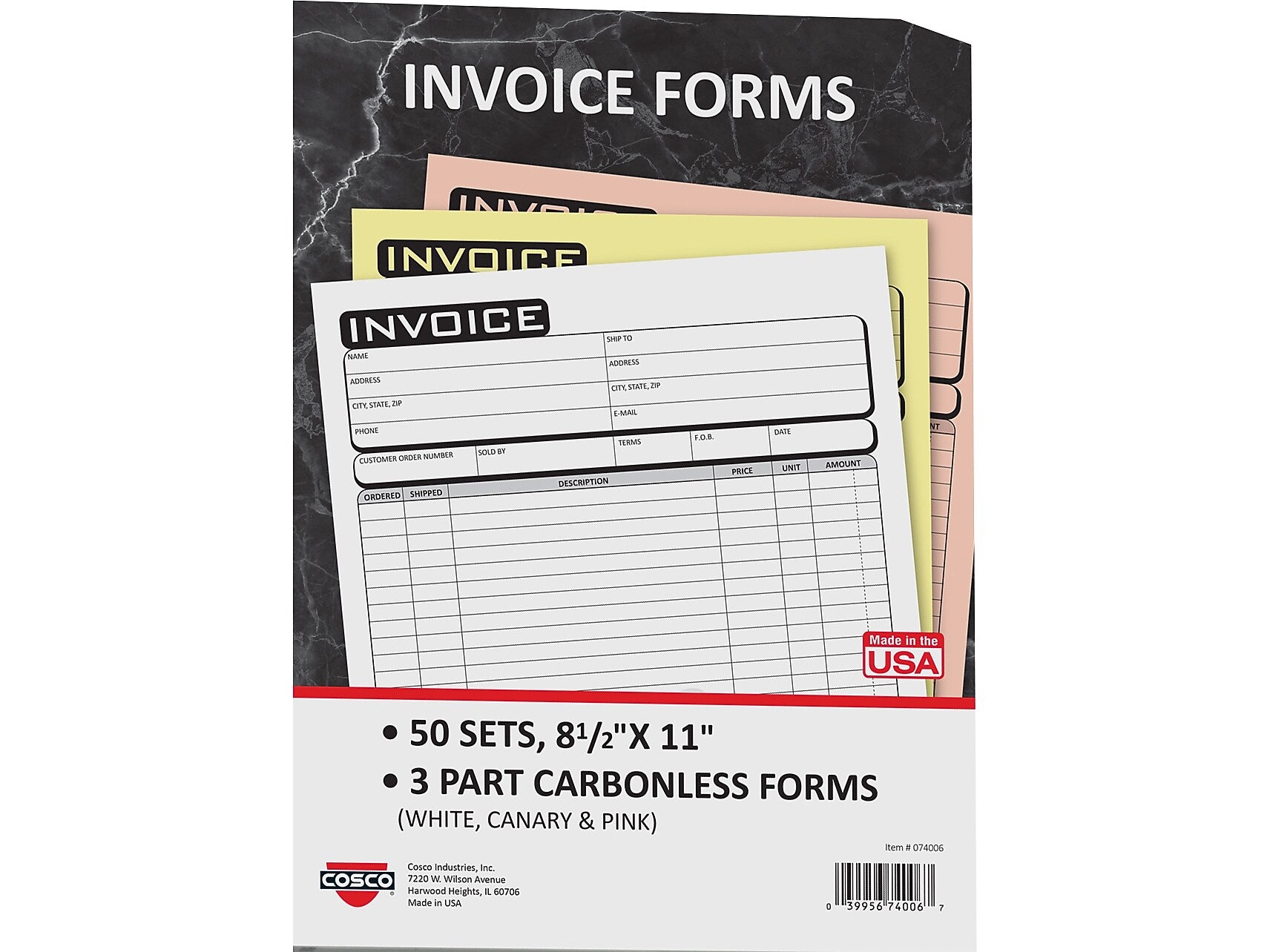 Cosco Business 3-Part Carbonless Invoices, 8.5" x 11", 50 Sets/Book (074006)