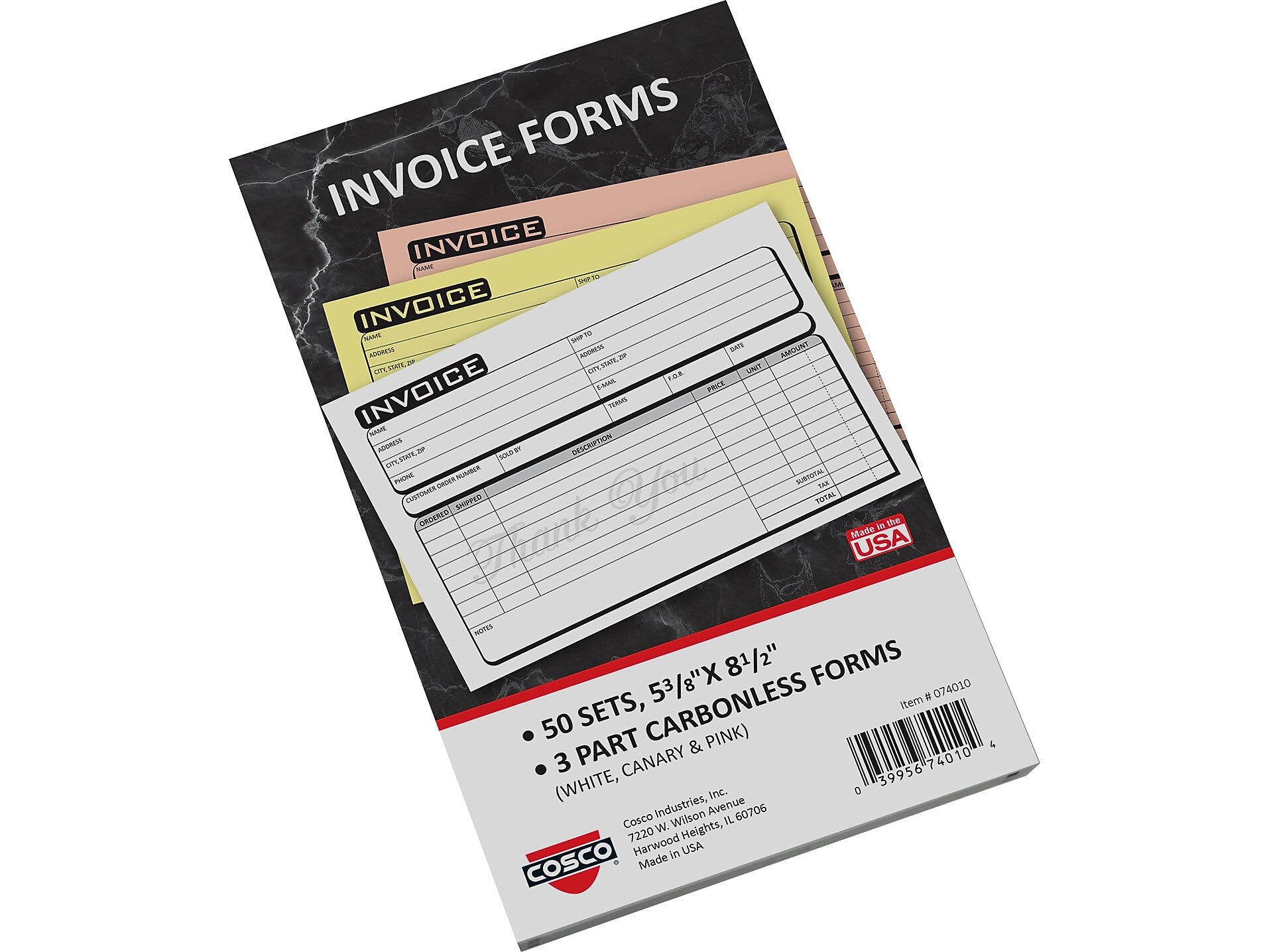 Cosco Business 3-Part Carbonless Invoices, 5.4" x 8.5", 50 Sets/Book (074010)