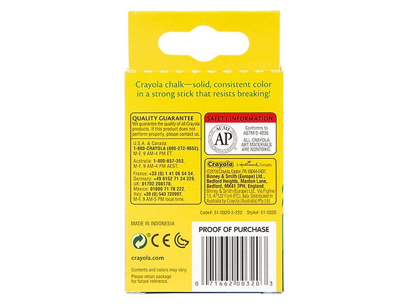 Crayola Chalkboard Chalk Sticks, White, 12/ Box, 36 Boxes/Bundle (BIN320-36)