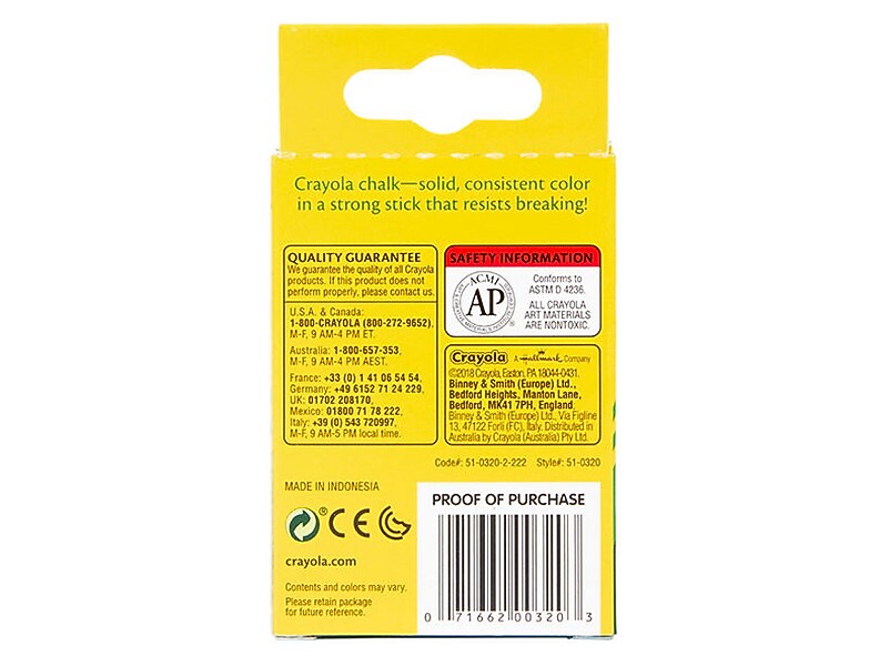 Crayola Chalkboard Chalk Sticks, White, 12/ Box, 36 Boxes/Bundle (BIN320-36)