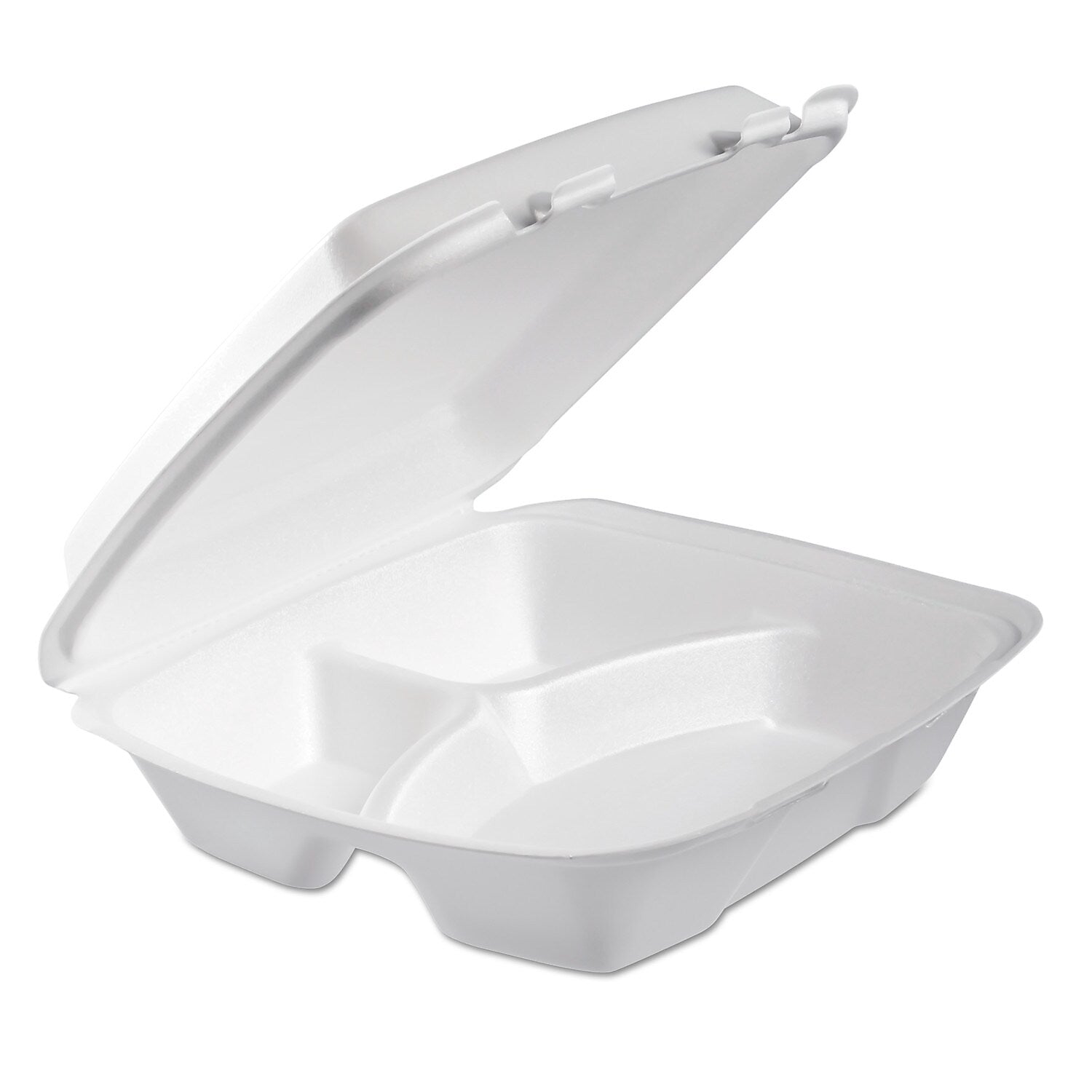 Dart® Foam 3-Comp Hinged Lid Container, 9" x 9.4" x 3", White, 100/Bag, 2 Bag/Carton (DCC90HTPF3R)