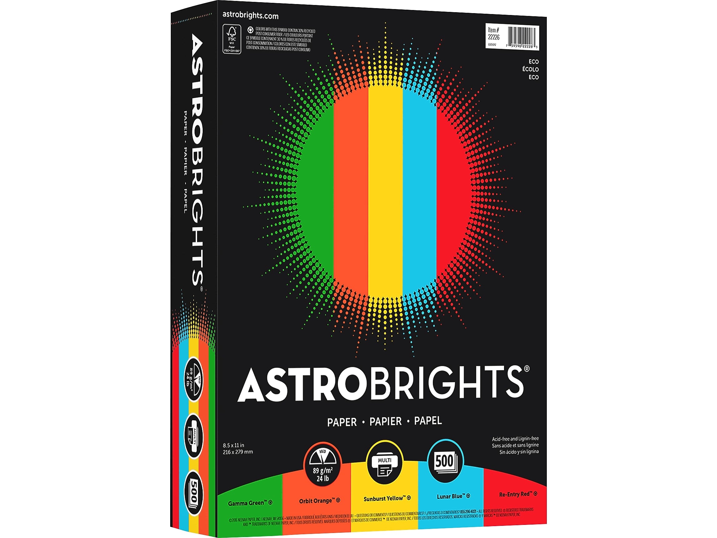 Astrobrights Colored Paper, 24 lbs., 8.5" x 11", Assorted Eco Colors, 500 Sheets/Ream (22226)