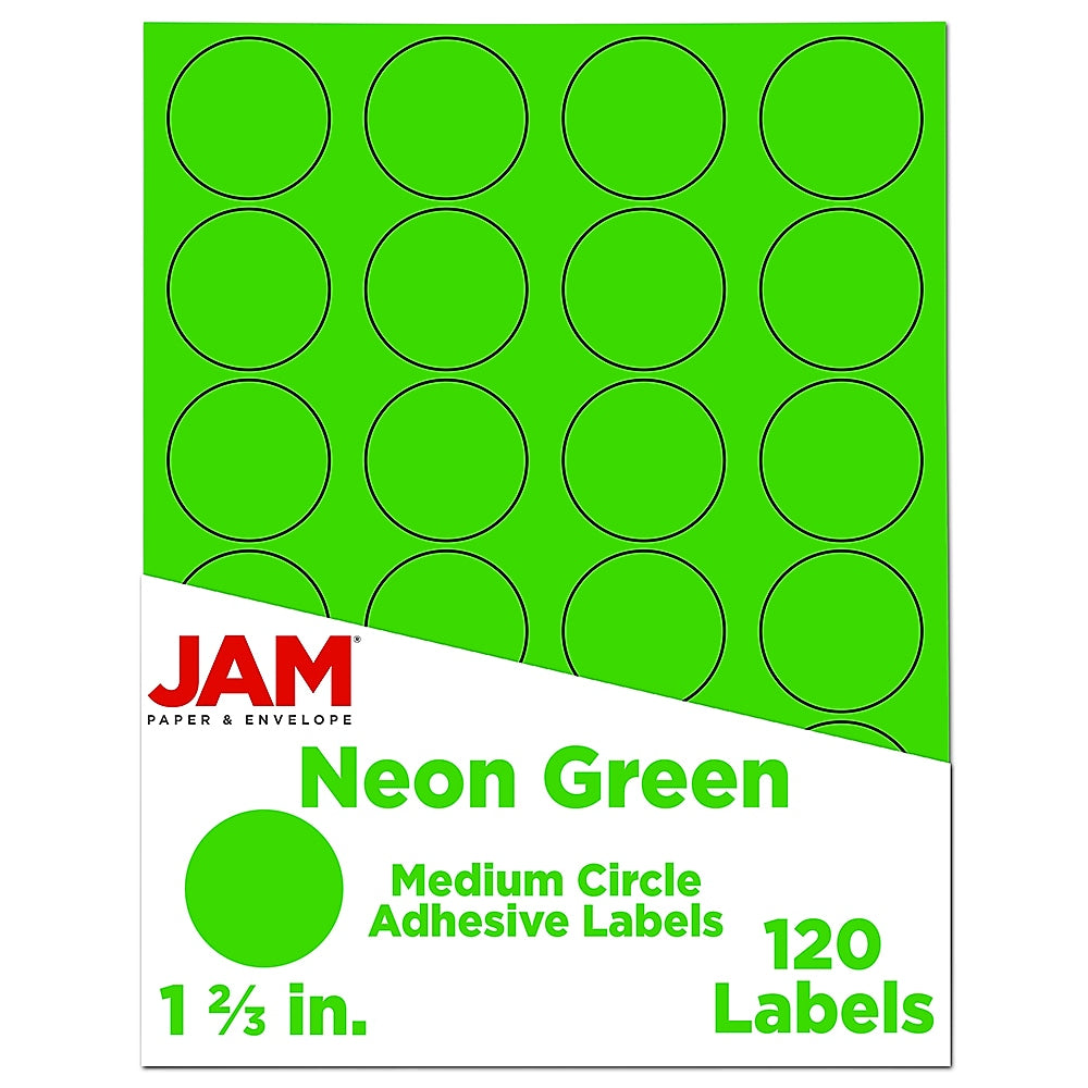 JAM Paper Round Label Sticker Seals, 1 2/3" Diameter, Neon Green, 24 Labels/Sheet, 5 Sheets/Pack (354329583)