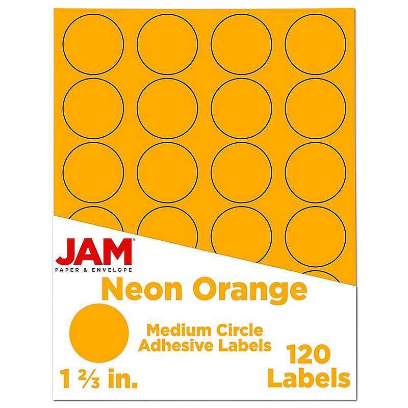JAM Paper Round Label Sticker Seals, 1 2/3" Diameter, Neon Orange, 24 Labels/Sheet, 5 Sheets/Pack (354329580)