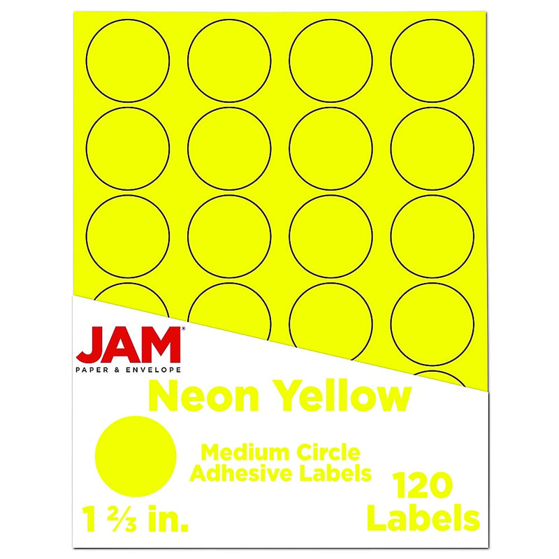 JAM Paper Round Label Sticker Seals, 1 2/3" Diameter, Neon Yellow, 24 Labels/Sheet, 5 Sheets/Pack (354329582)