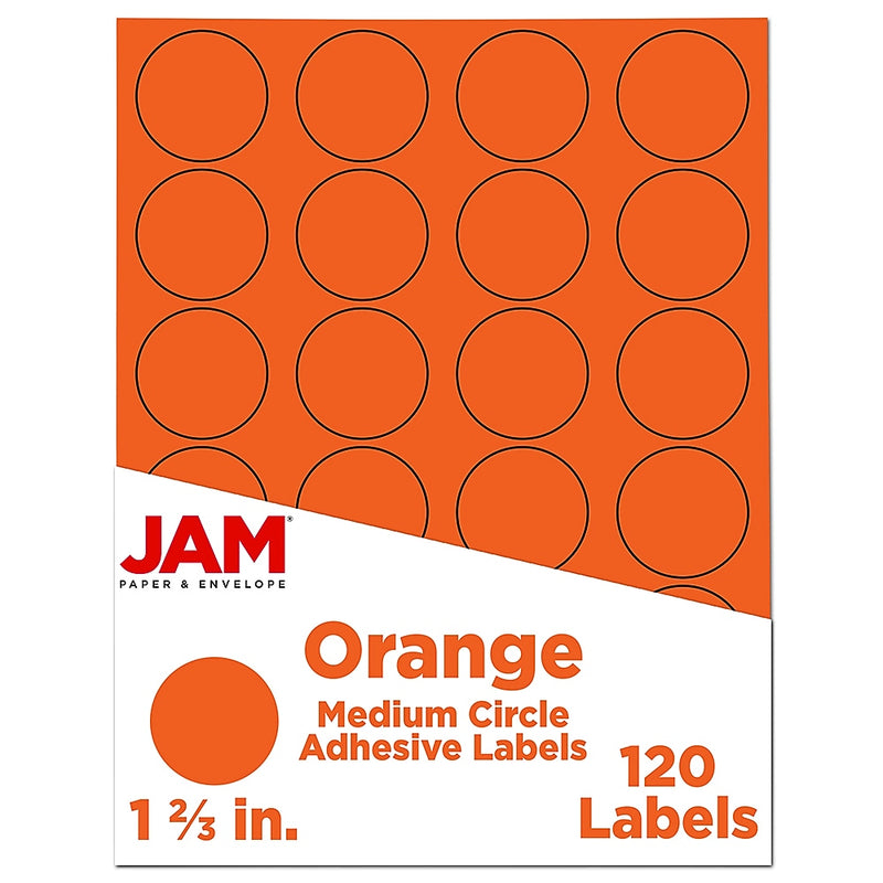 JAM Paper Circle Round Label Sticker Seals, 1 2/3" Diameter, Orange, 24 Labels/Sheet, 5 Sheets/Pack (147627053)