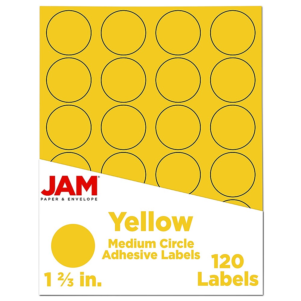 JAM Paper Circle Round Label Sticker Seals, 1 2/3 Inch Diameter, Yellow, 24 Labels/Sheet, 5 Sheets/Pack (147627067)