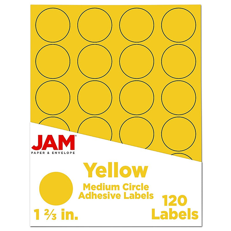 JAM Paper Circle Round Label Sticker Seals, 1 2/3 Inch Diameter, Yellow, 24 Labels/Sheet, 5 Sheets/Pack (147627067)