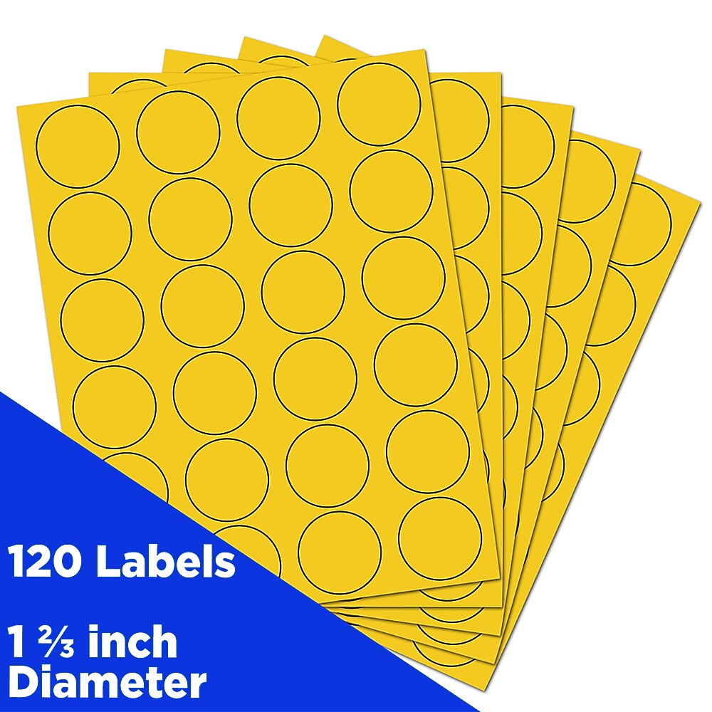JAM Paper Circle Round Label Sticker Seals, 1 2/3 Inch Diameter, Yellow, 24 Labels/Sheet, 5 Sheets/Pack (147627067)