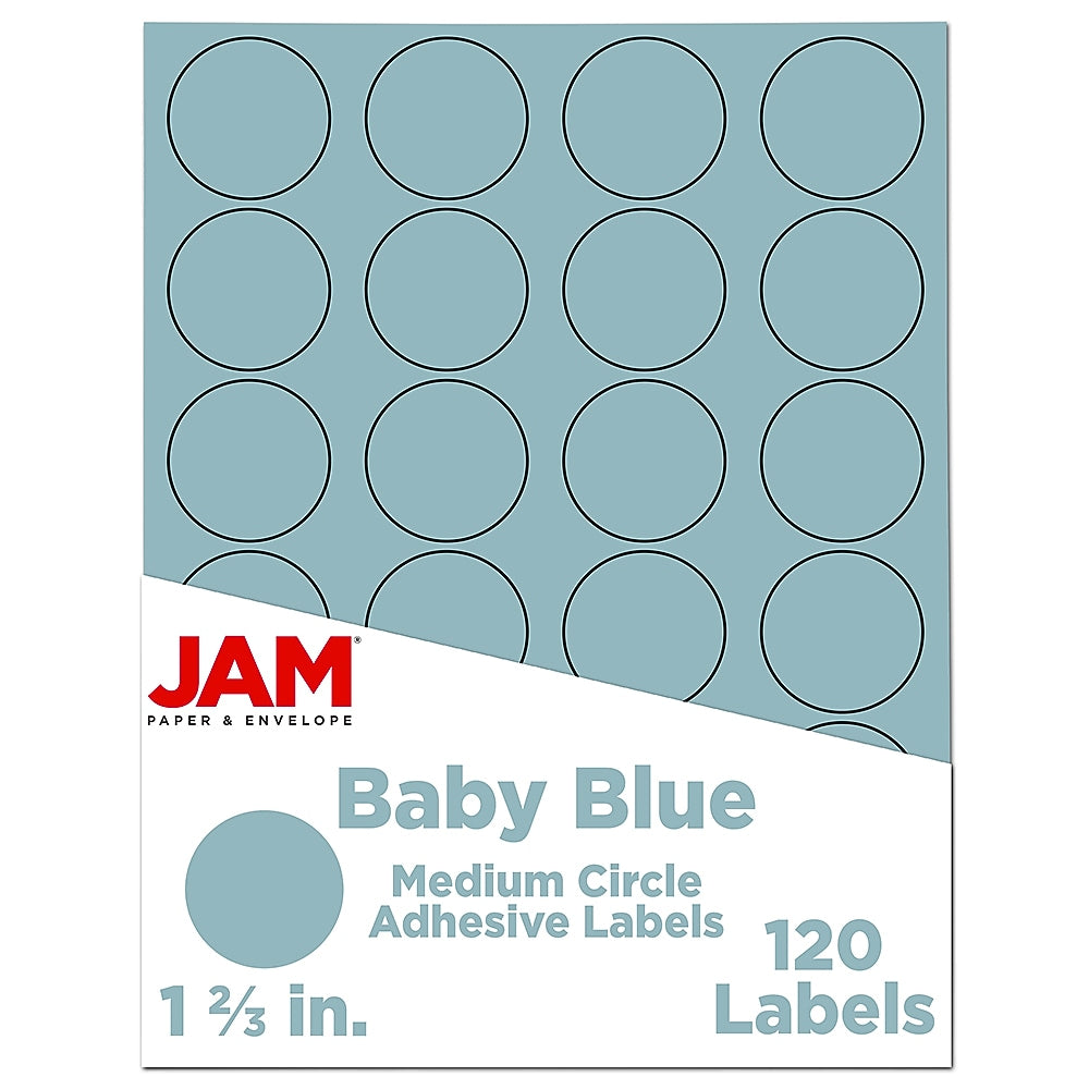 JAM Paper Round Label Sticker Seals, 1 2/3", Baby Blue, 24 Labels/Sheet, 5 Sheets/Pack (40528290)