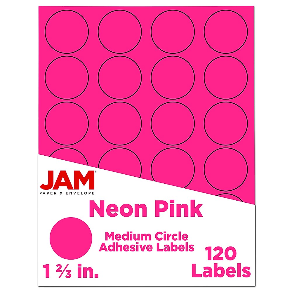 JAM Paper Round Label Sticker Seals, 1 2/3" Diameter, Neon Pink, 24 Labels/Sheet, 5 Sheets/Pack (354329581)