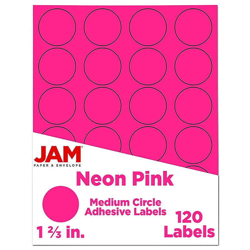 JAM Paper Round Label Sticker Seals, 1 2/3" Diameter, Neon Pink, 24 Labels/Sheet, 5 Sheets/Pack (354329581)