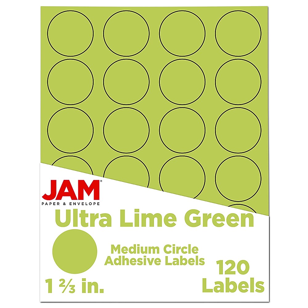 JAM Paper Round Label Seals, 1 2/3" Diameter, Ultra Lime Green, 24 Labels/Sheet, 5 Sheets/Pack (147627049)