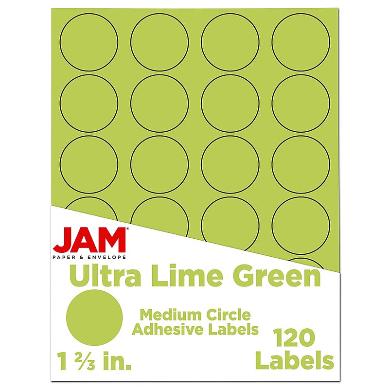 JAM Paper Round Label Seals, 1 2/3" Diameter, Ultra Lime Green, 24 Labels/Sheet, 5 Sheets/Pack (147627049)