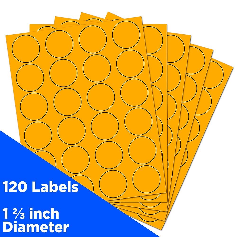 JAM Paper Round Label Sticker Seals, 1 2/3" Diameter, Neon Orange, 24 Labels/Sheet, 5 Sheets/Pack (354329580)