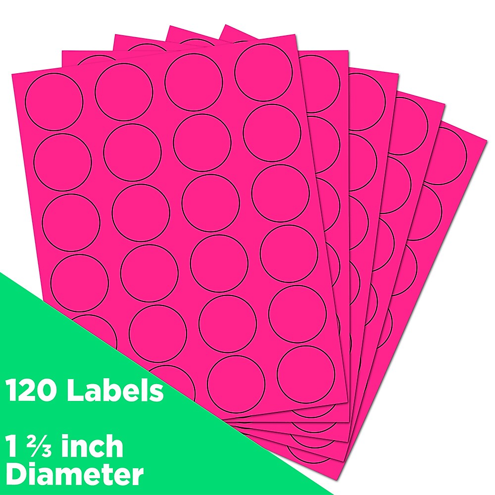 JAM Paper Round Label Sticker Seals, 1 2/3" Diameter, Neon Pink, 24 Labels/Sheet, 5 Sheets/Pack (354329581)