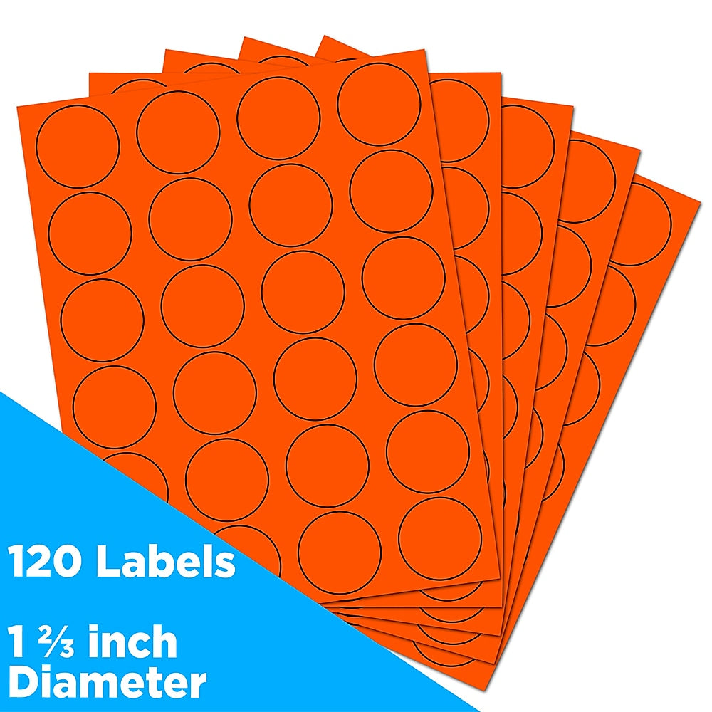 JAM Paper Round Label Sticker Seals, 1 2/3" Diameter, Neon Red, 24 Labels/Sheet, 5 Sheets/Pack (354329579)