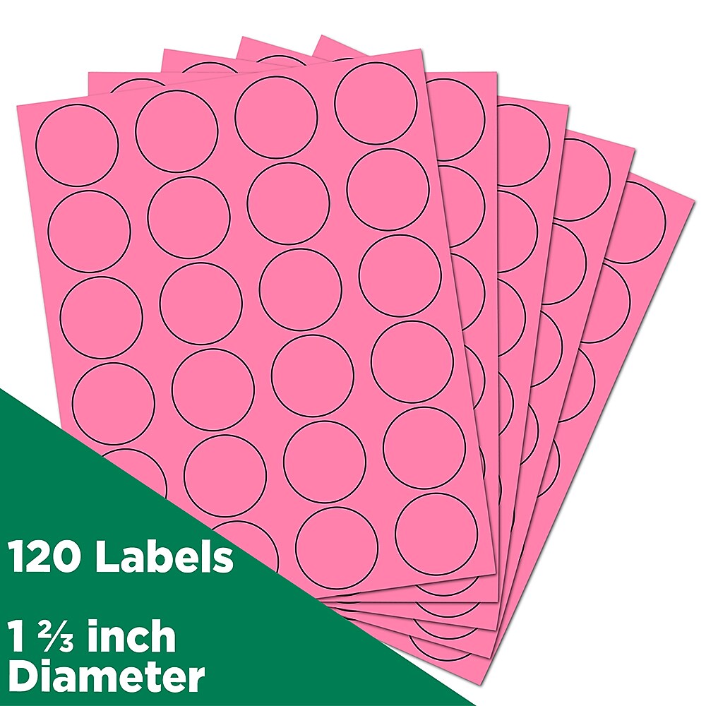 JAM Paper Circle Round Label Seals, 1 2/3" Diameter, Ultra Pink, 24 Labels/Sheet, 5 Sheets/Pack (147627062)