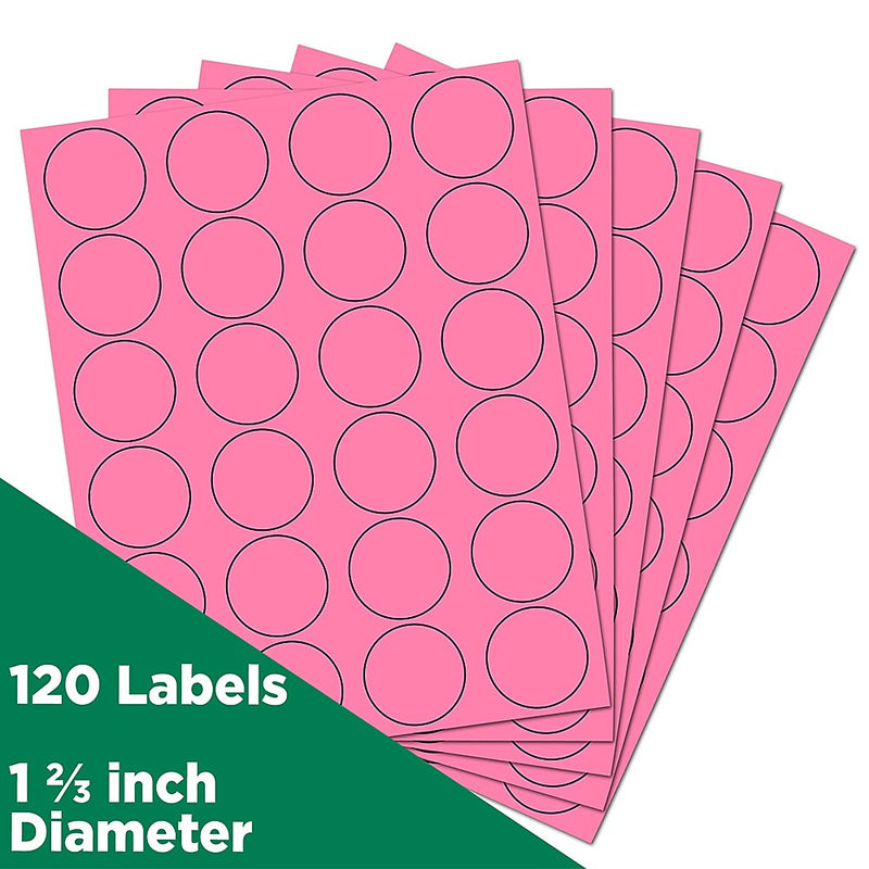 JAM Paper Circle Round Label Seals, 1 2/3" Diameter, Ultra Pink, 24 Labels/Sheet, 5 Sheets/Pack (147627062)