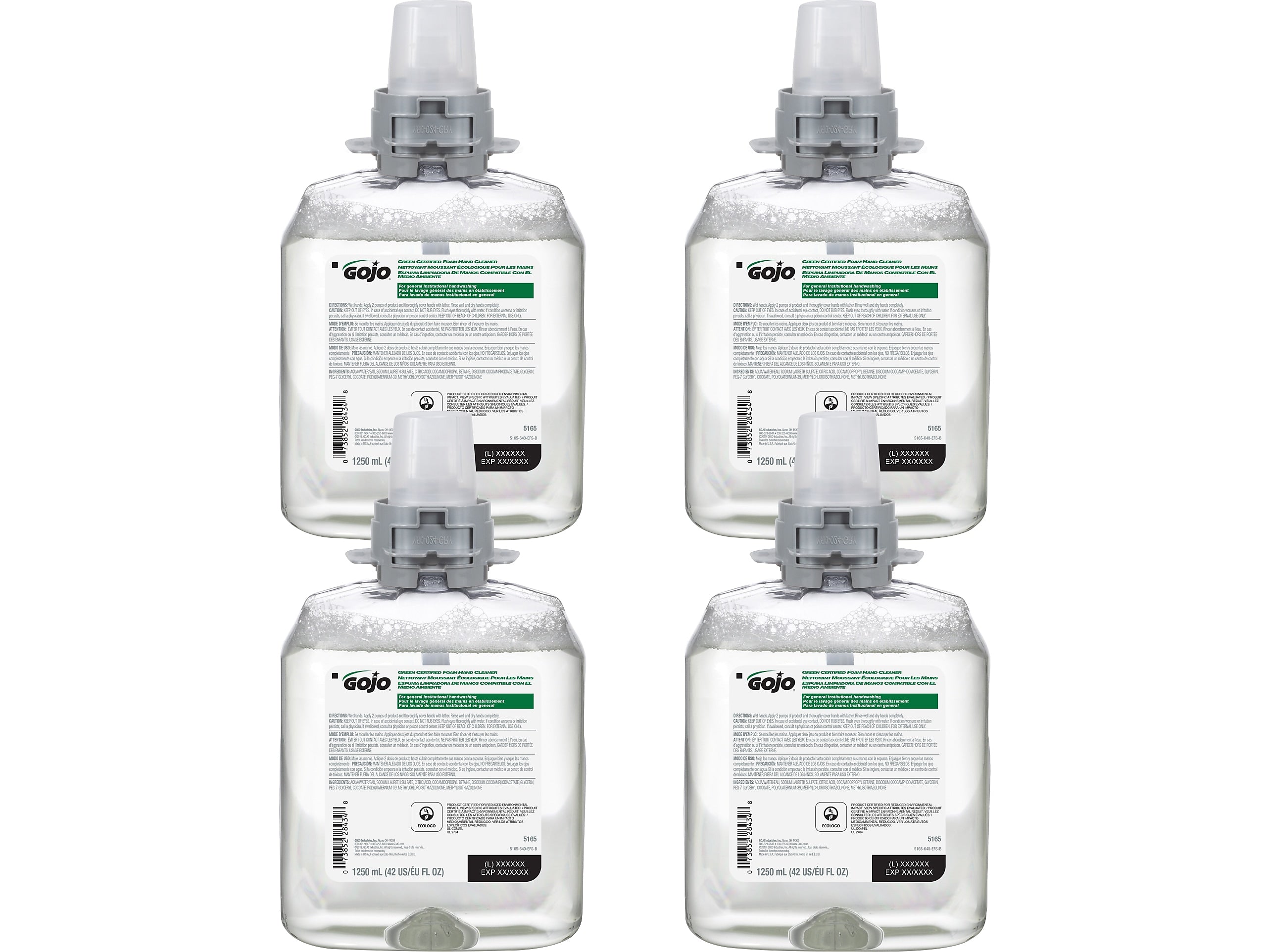GOJO Green Certified Foaming Hand Soap Refill for FMX12 Dispenser, 1250 ml., 4/Carton (5165-04)