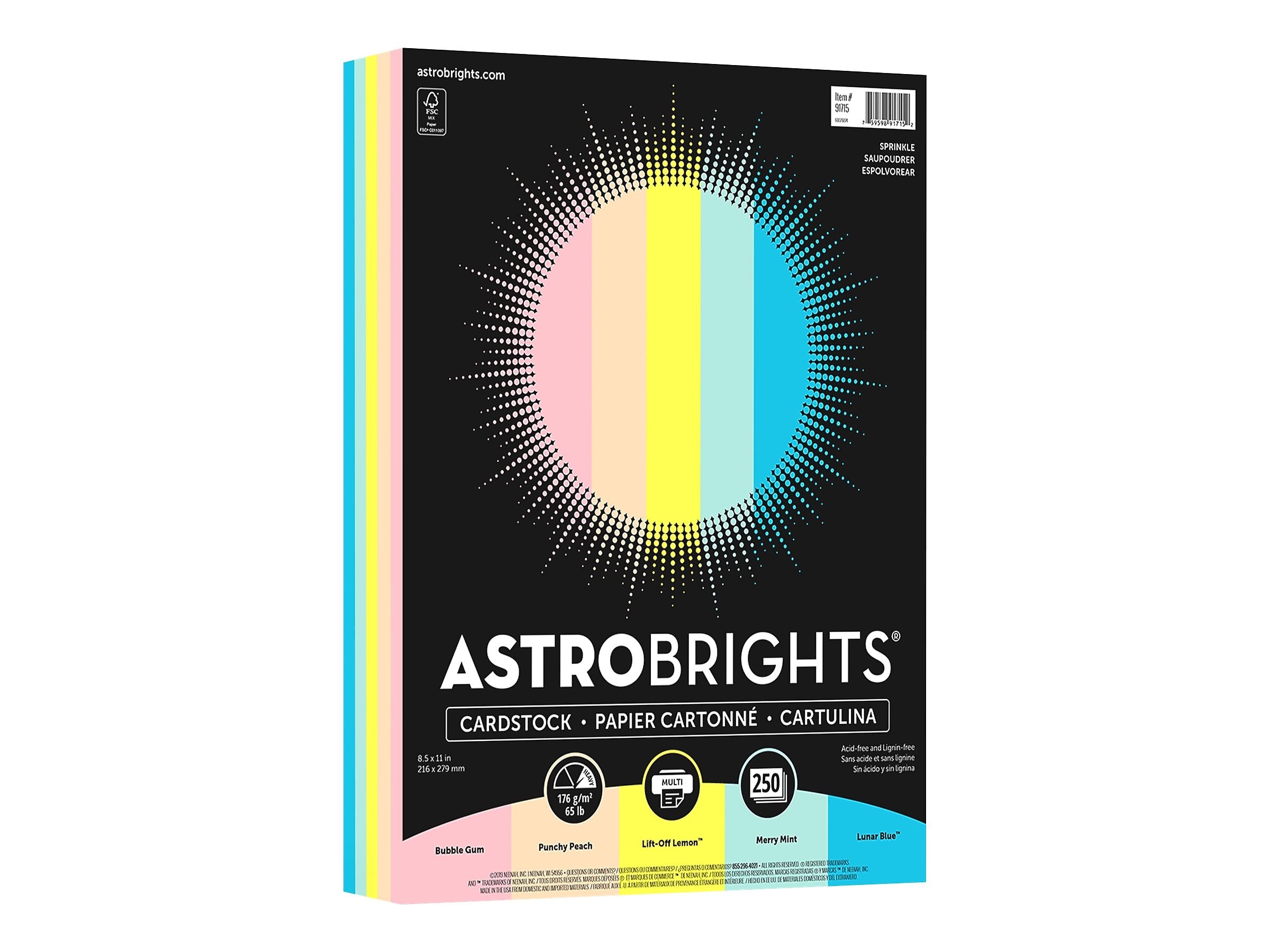 Astrobrights 65 lb. Cardstock Paper, 8.5" x 11", Sprinkle Assortment, 250 Sheets/Pack (91715)