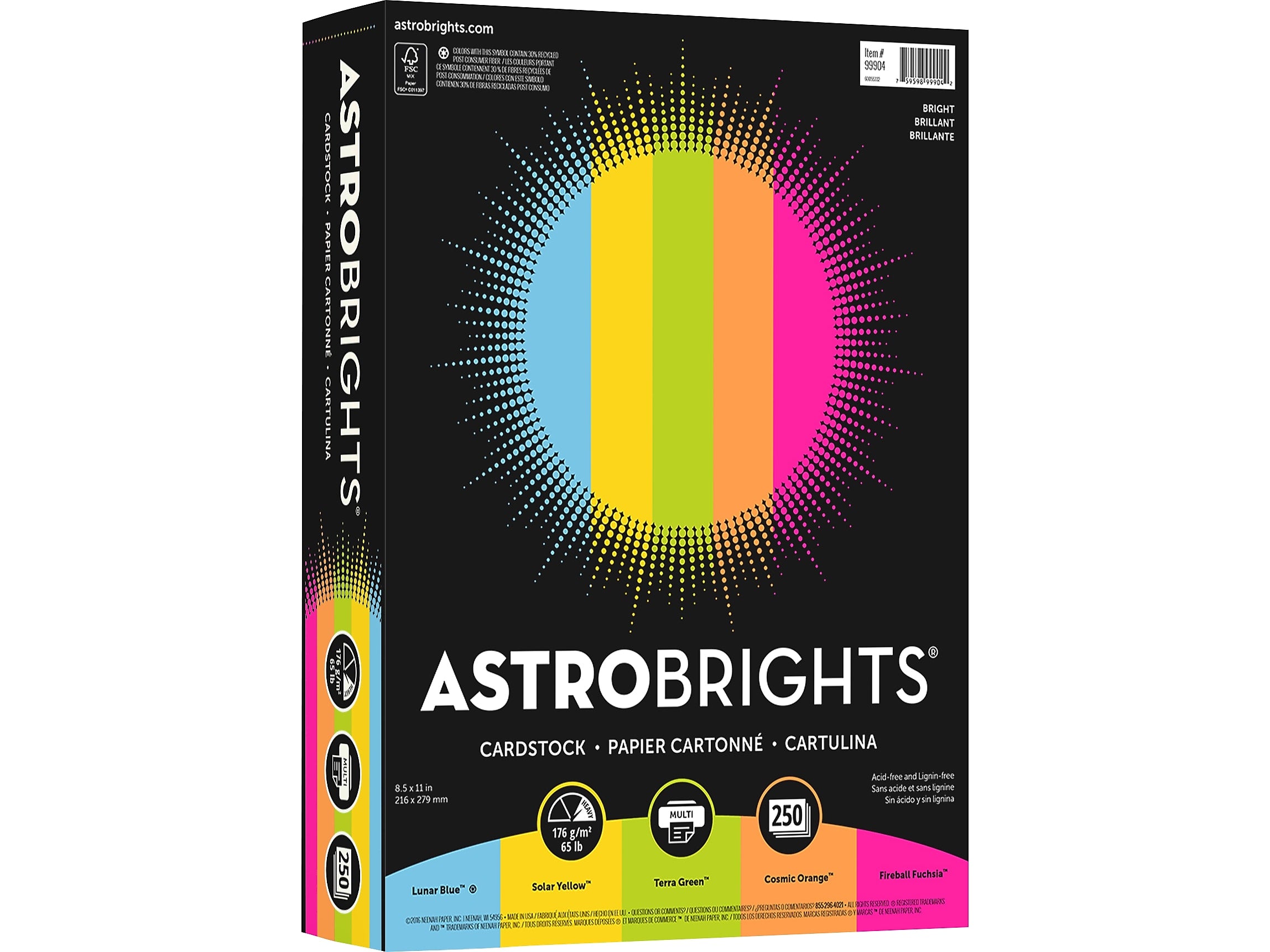 Astrobrights 65 lb. Cardstock Paper, 8.5" x 11", Bright Assortment, 250 Sheets/Pack (99904)