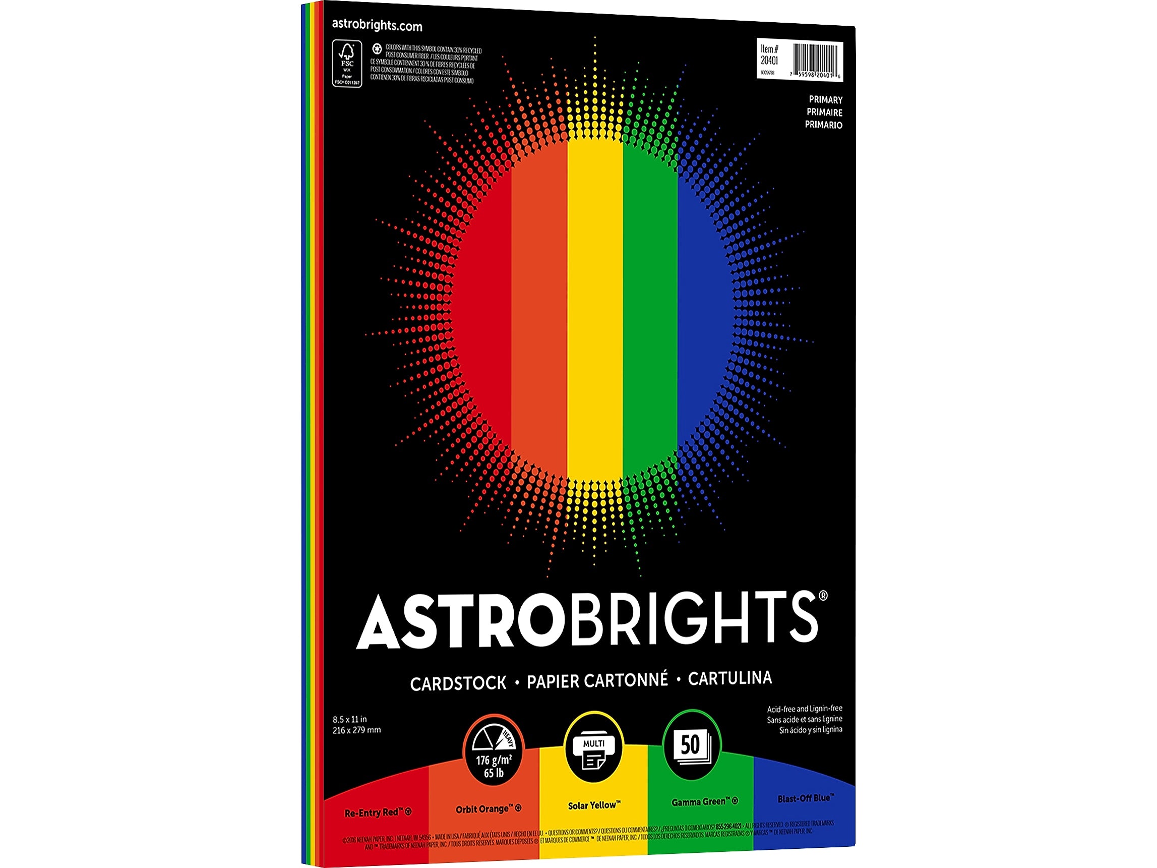 Astrobrights 65 lb. Cardstock Paper, 8.5" x 11", Primary Assortment, 50 Sheets/Pack (20401)
