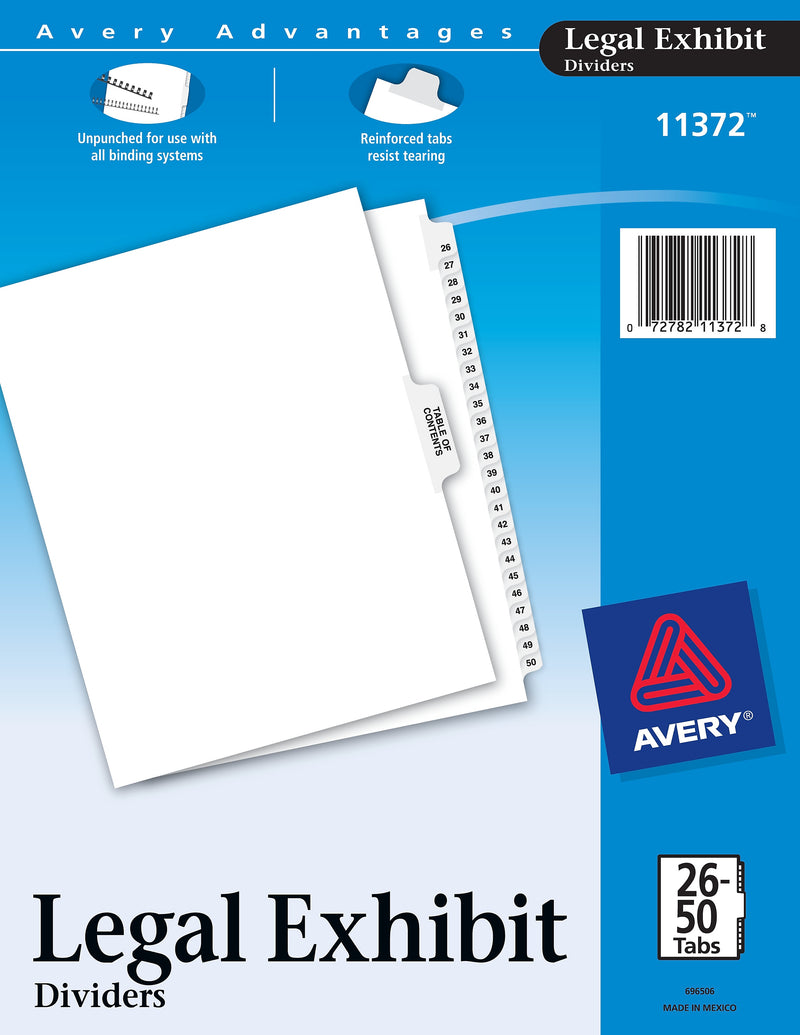 Avery Premium Collated Legal Paper Dividers, 26-50 & Table of Contents Tabs, White, Avery Style, Letter Size (11372)