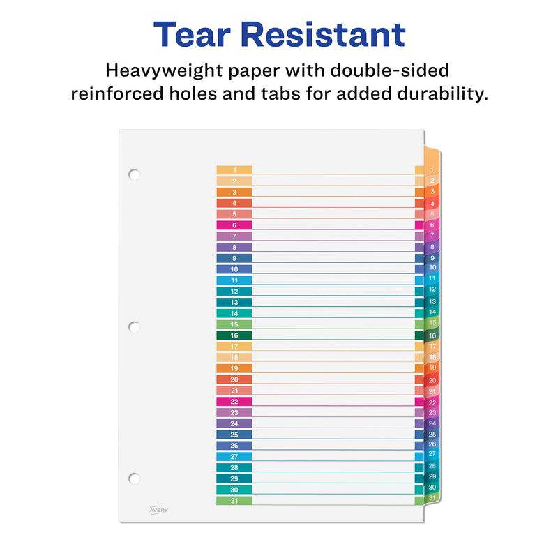 Avery Ready Index Table of Contents Pre-Printed Numeric Paper Divider, 31 Tabs, Multicolor, 1 Set (11129)