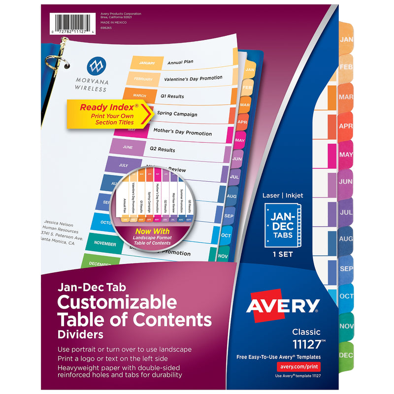 Avery Ready Index Table of Contents Pre-Printed Monthly Paper Divider, Jan - Dec Tabs, Multicolor, 1 Set (11127)