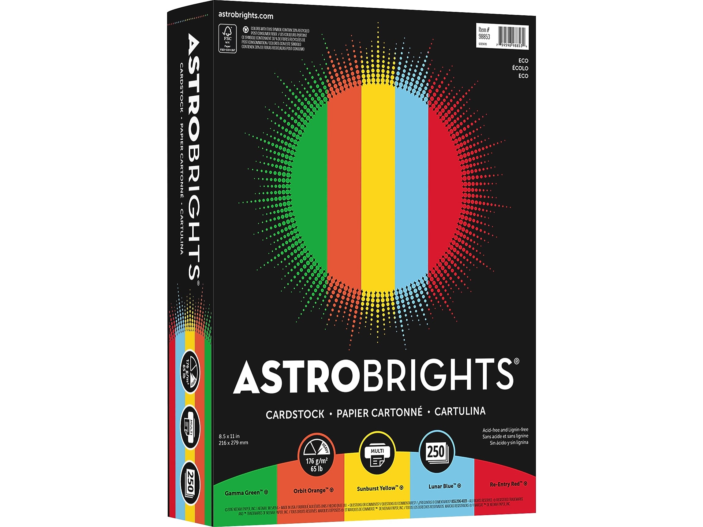Astrobrights 65 lb. Cardstock Paper, 8.5" x 11", Eco Assortment, 250 Sheets/Pack (98853)