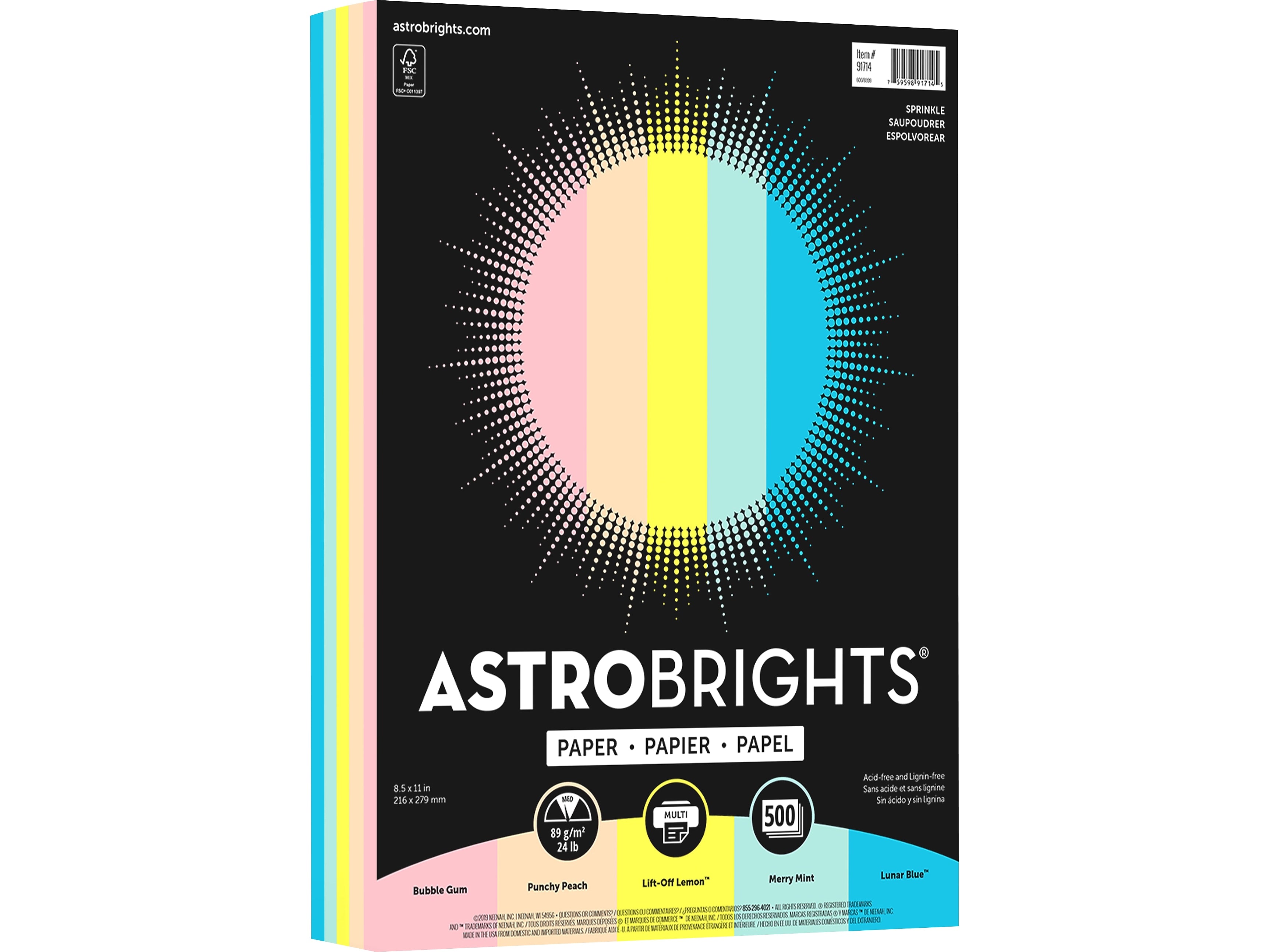 Astrobrights Colored Paper, 24 lbs., 8.5" x 11", Assorted Sprinkle Colors, 500 Sheets/Ream (91714)