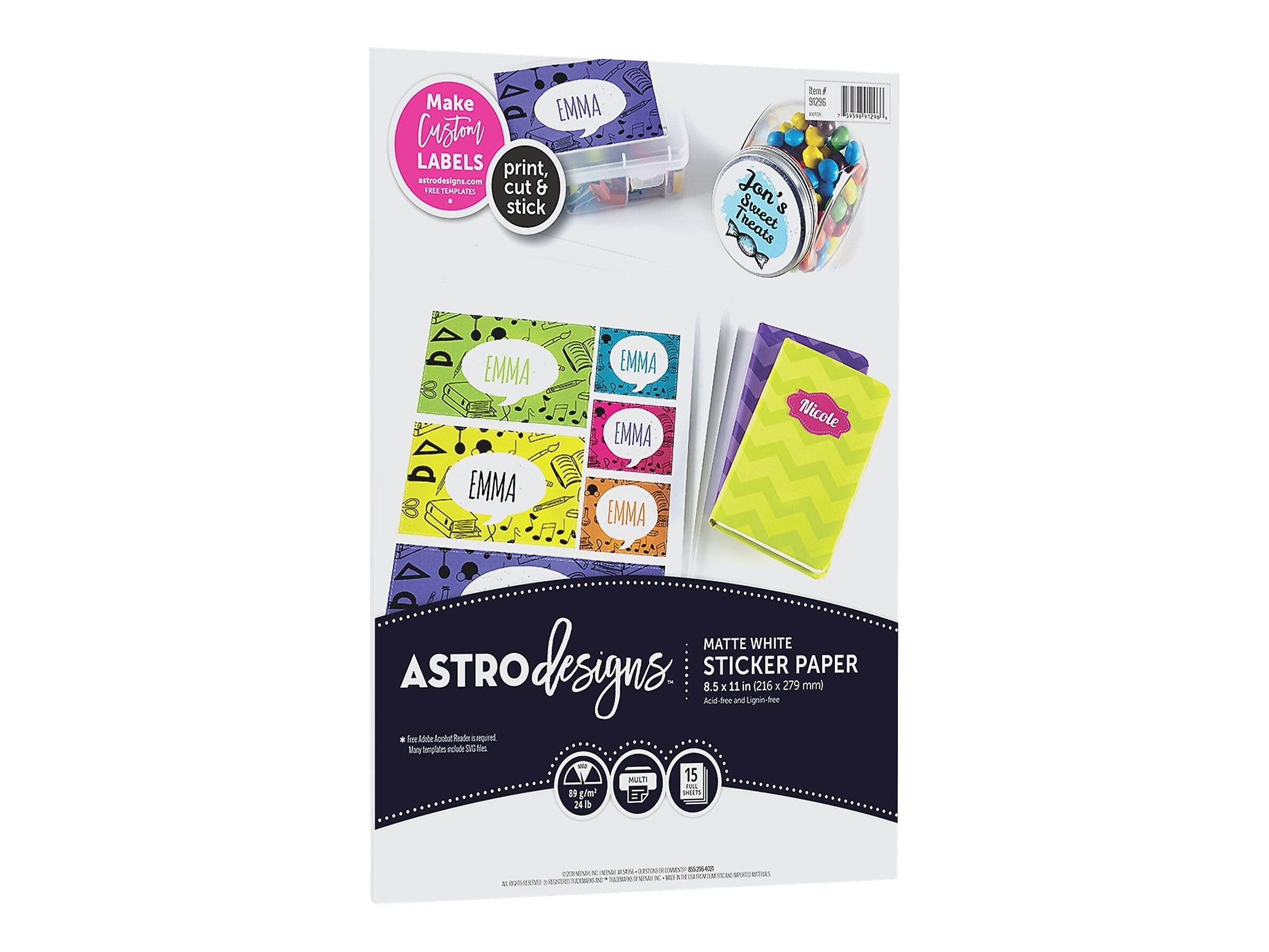 Astrobrights Astrodesigns Inkjet/Laser Sticker Paper Labels, 8 1/2" x 11", Matte White, 15 Sheets/Pack (91296-01)